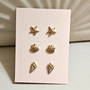 Gold Starfish, Shell, and Conch Stud Earrings Set